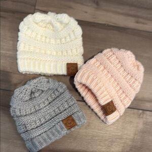 Cozy Knit Beanie Set for Kids - Cream, Pink, and Gray